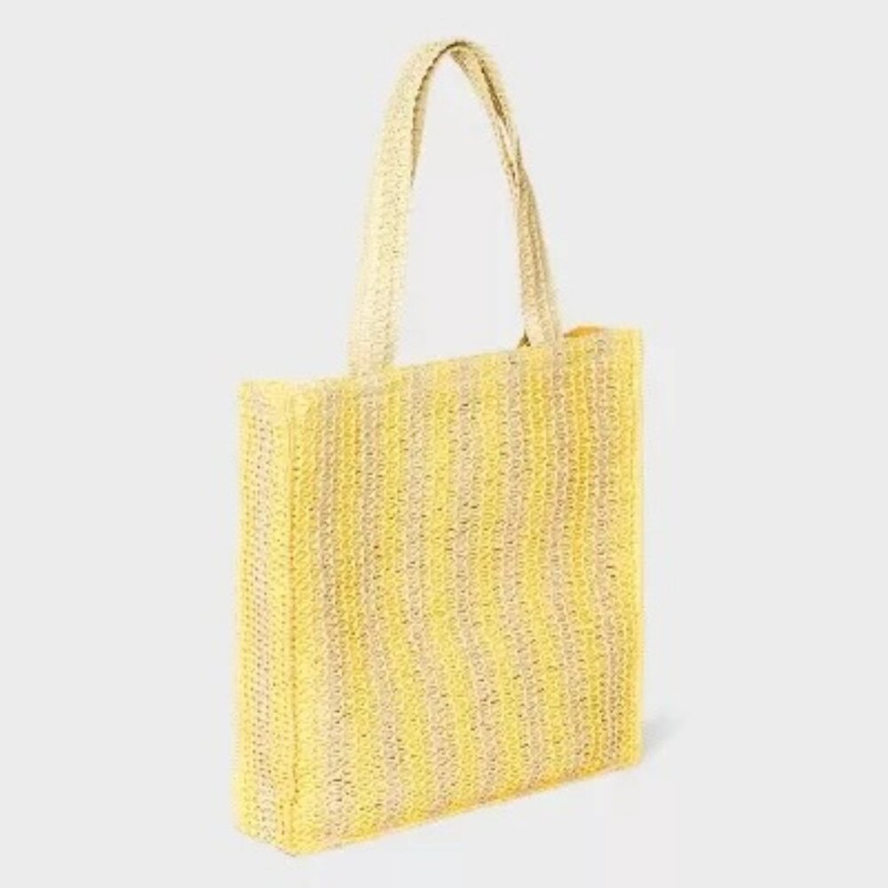 Universal Thread Crochet Woven Handbag Yellow Beige Tote Single Compartment - Picture 3 of 11